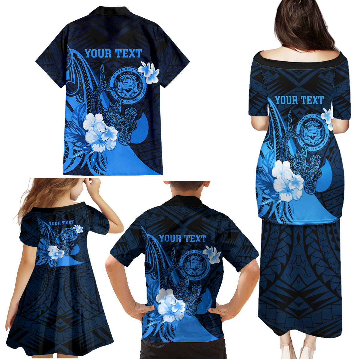 Personalised Hawaii State Motto Family Matching Puletasi and Hawaiian Shirt Hawaiian Tribal Blue Hammerhead Shark LT05 - Polynesian Pride
