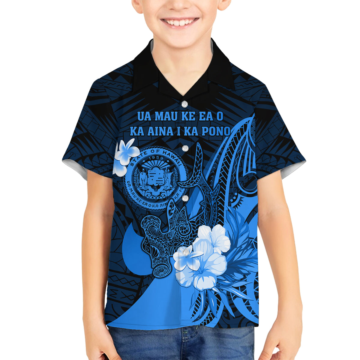 Personalised Hawaii State Motto Family Matching Puletasi and Hawaiian Shirt Hawaiian Tribal Blue Hammerhead Shark LT05 Son's Shirt Blue - Polynesian Pride