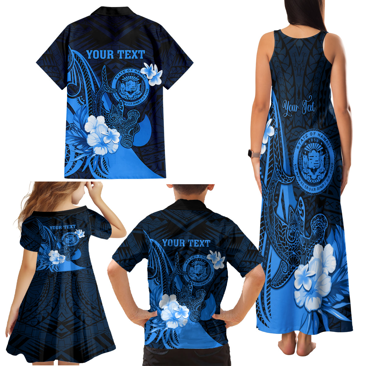 Personalised Hawaii State Motto Family Matching Tank Maxi Dress and Hawaiian Shirt Hawaiian Tribal Blue Hammerhead Shark LT05 - Polynesian Pride