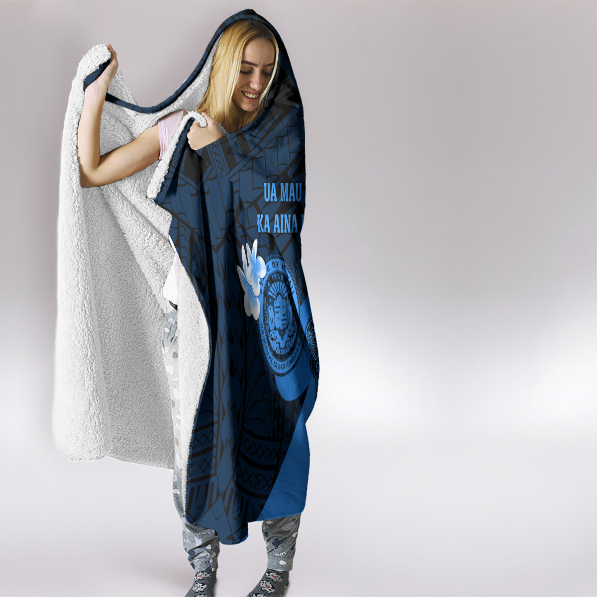 Hawaii State Motto Hooded Blanket Hawaiian Tribal Blue Hammerhead Shark LT05 - Polynesian Pride