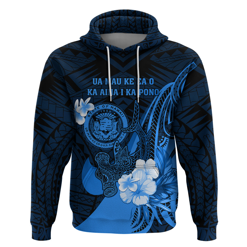 Personalised Hawaii State Motto Hoodie Hawaiian Tribal Blue Hammerhead Shark LT05 Pullover Hoodie Blue - Polynesian Pride