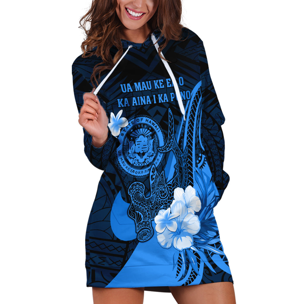 Personalised Hawaii State Motto Hoodie Dress Hawaiian Tribal Blue Hammerhead Shark LT05 Blue - Polynesian Pride