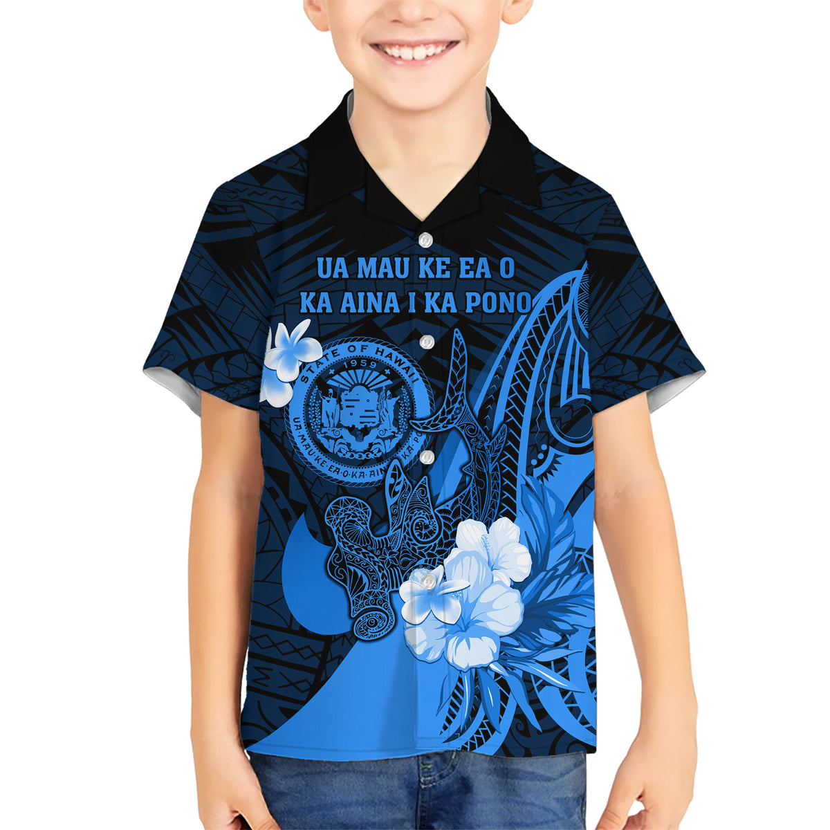 Personalised Hawaii State Motto Kid Hawaiian Shirt Hawaiian Tribal Blue Hammerhead Shark LT05 Kid Blue - Polynesian Pride