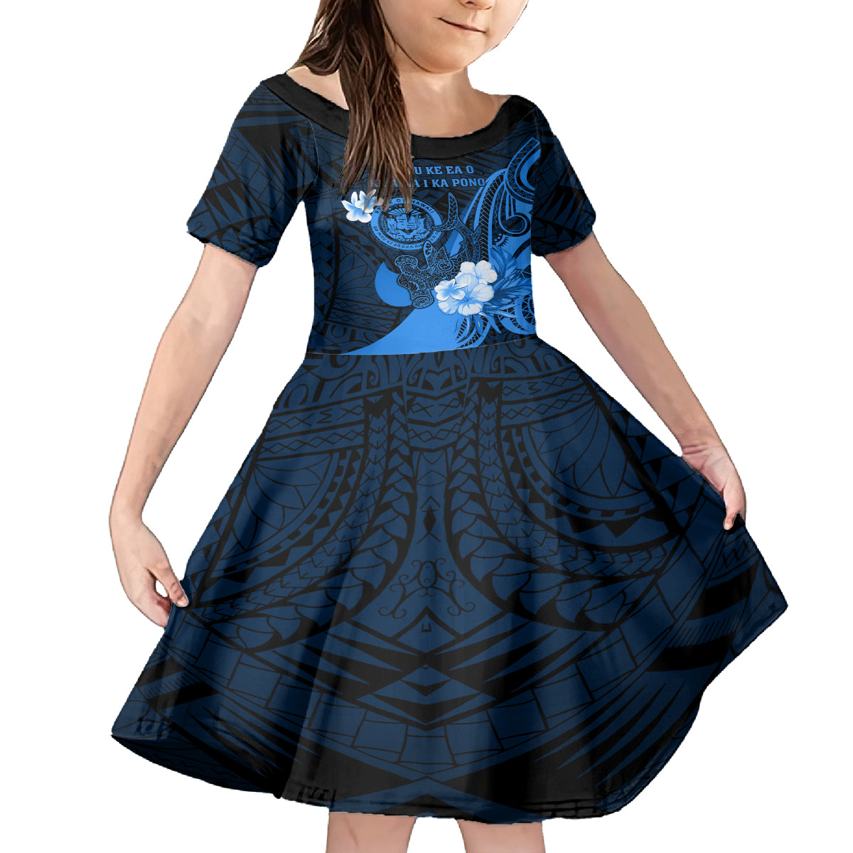 Personalised Hawaii State Motto Kid Short Sleeve Dress Hawaiian Tribal Blue Hammerhead Shark LT05 KID Blue - Polynesian Pride