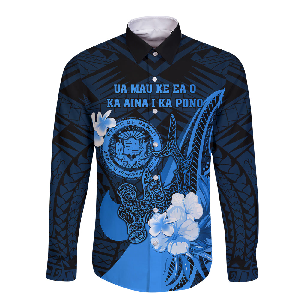 Personalised Hawaii State Motto Long Sleeve Button Shirt Hawaiian Tribal Blue Hammerhead Shark LT05 Unisex Blue - Polynesian Pride