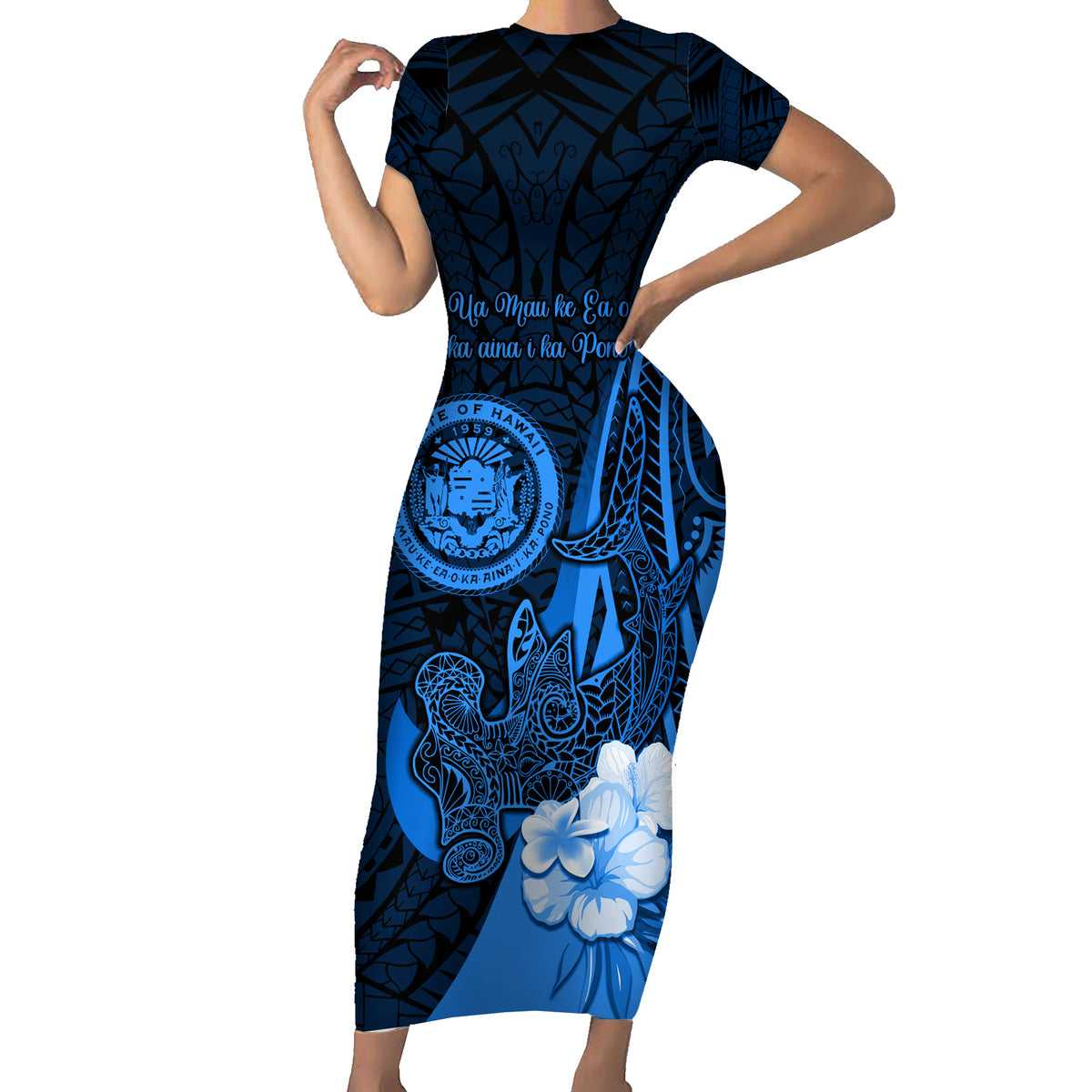 Personalised Hawaii State Motto Short Sleeve Bodycon Dress Hawaiian Tribal Blue Hammerhead Shark LT05 Long Dress Blue - Polynesian Pride