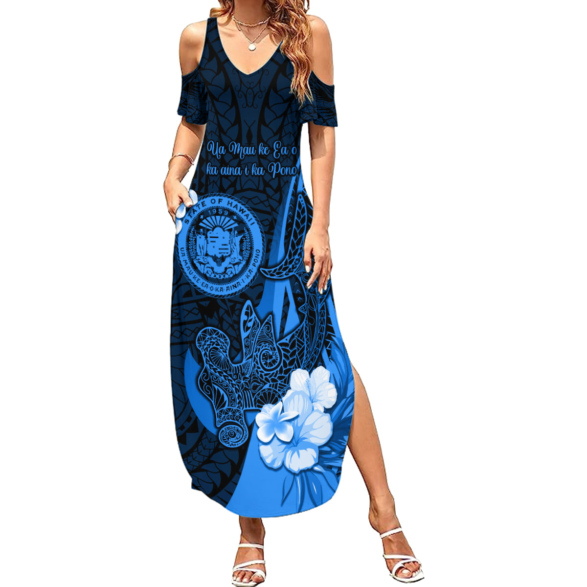 Personalised Hawaii State Motto Summer Maxi Dress Hawaiian Tribal Blue Hammerhead Shark LT05 Women Blue - Polynesian Pride