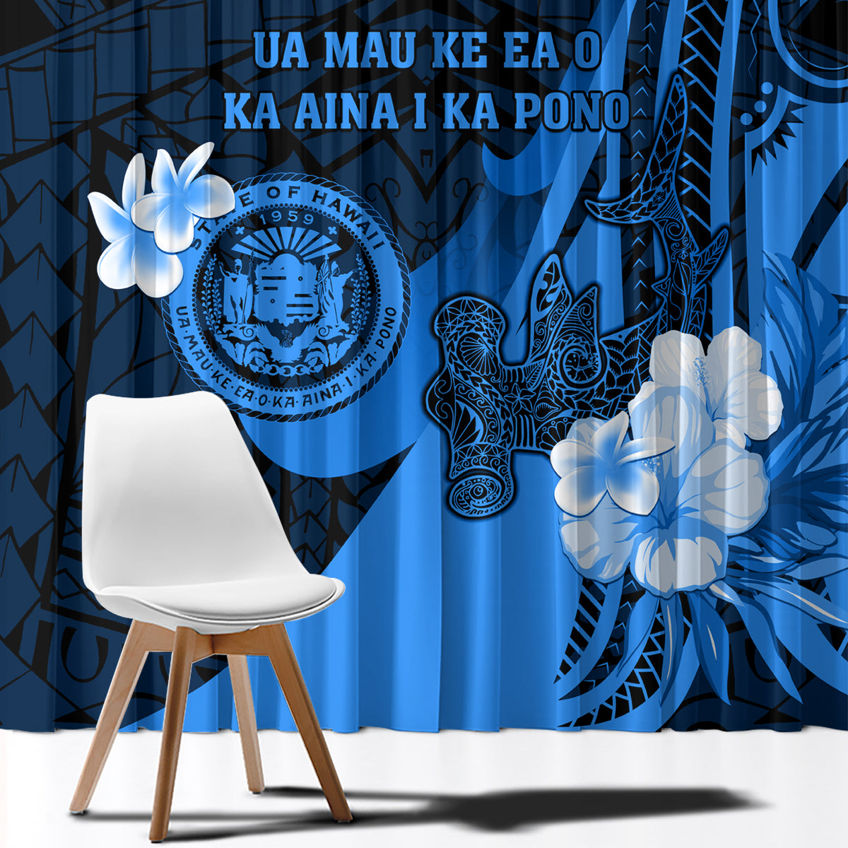 Hawaii State Motto Window Curtain Hawaiian Tribal Blue Hammerhead Shark LT05 - Polynesian Pride