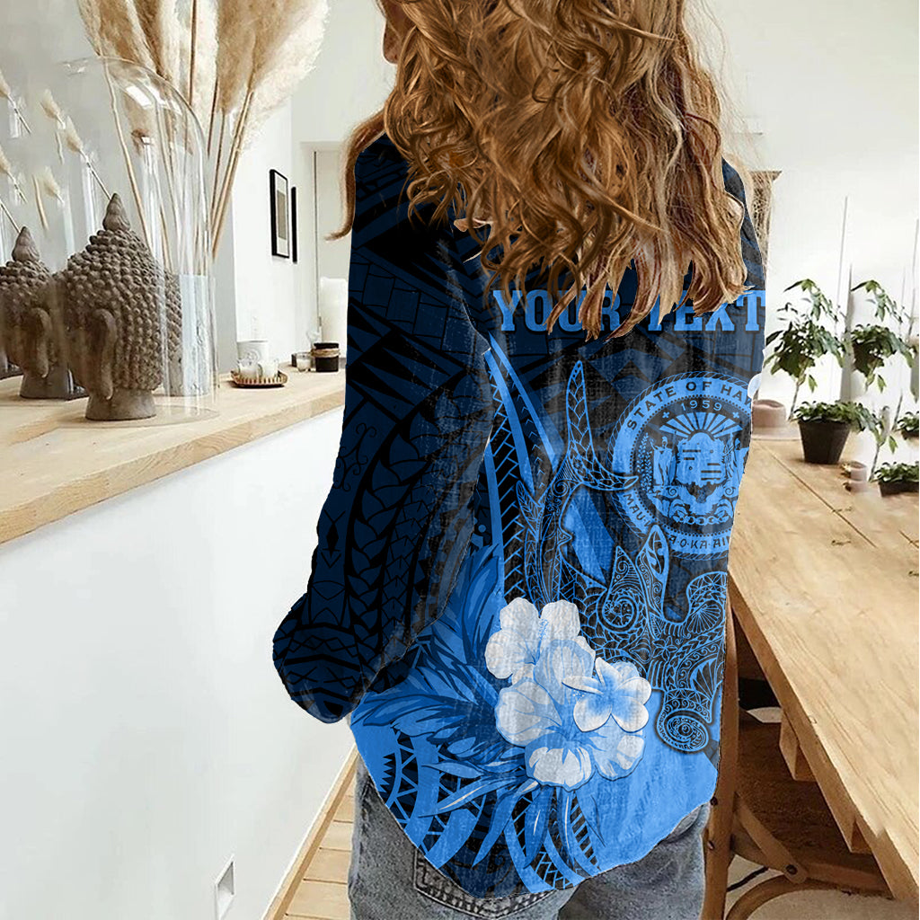 Personalised Hawaii State Motto Women Casual Shirt Hawaiian Tribal Blue Hammerhead Shark LT05 - Polynesian Pride