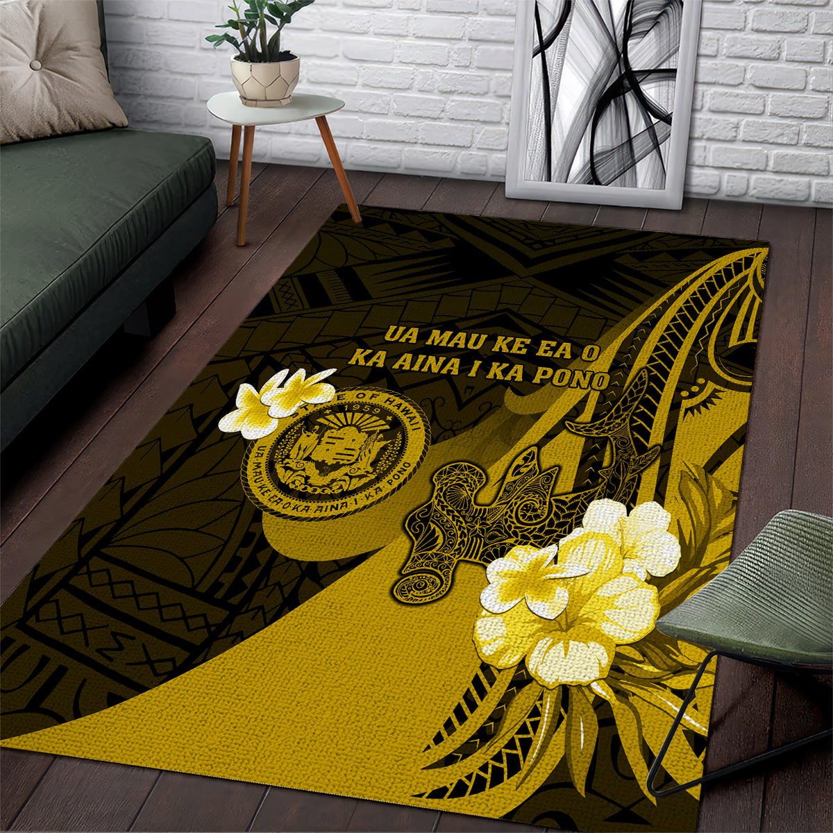 Hawaii State Motto Area Rug Hawaiian Tribal Gold Hammerhead Shark LT05 Gold - Polynesian Pride