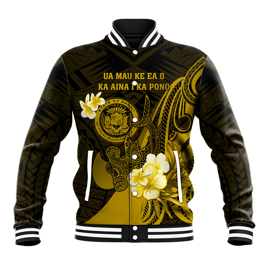 Personalised Hawaii State Motto Baseball Jacket Hawaiian Tribal Gold Hammerhead Shark LT05 Unisex Gold - Polynesian Pride