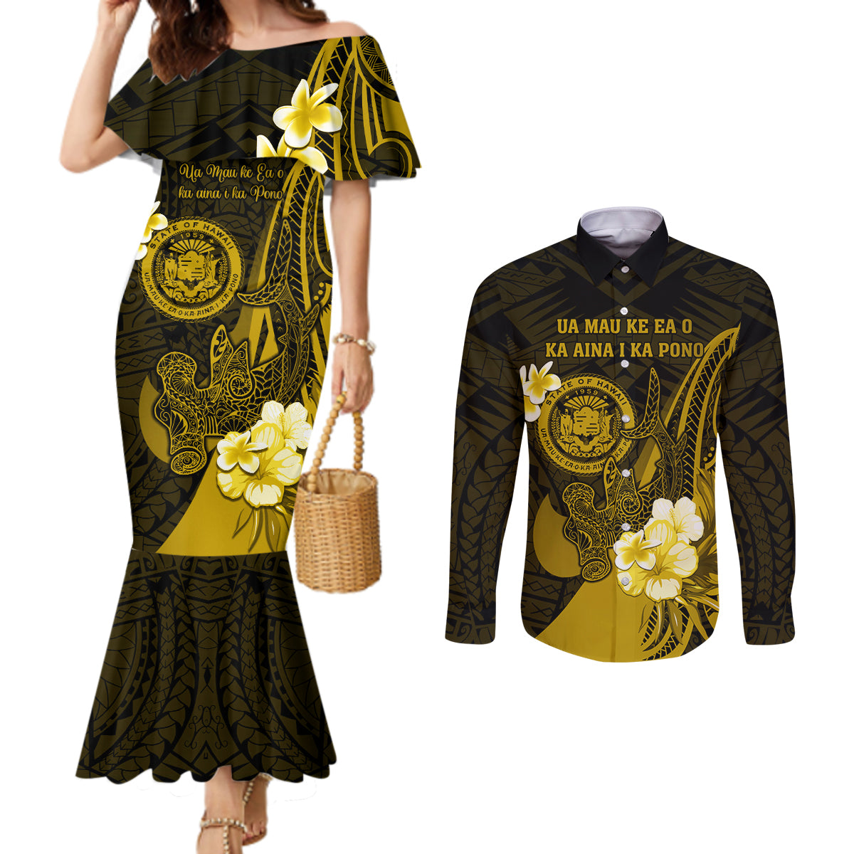 Personalised Hawaii State Motto Couples Matching Mermaid Dress and Long Sleeve Button Shirt Hawaiian Tribal Gold Hammerhead Shark LT05 Gold - Polynesian Pride