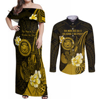 Personalised Hawaii State Motto Couples Matching Off Shoulder Maxi Dress and Long Sleeve Button Shirt Hawaiian Tribal Gold Hammerhead Shark LT05 Gold - Polynesian Pride