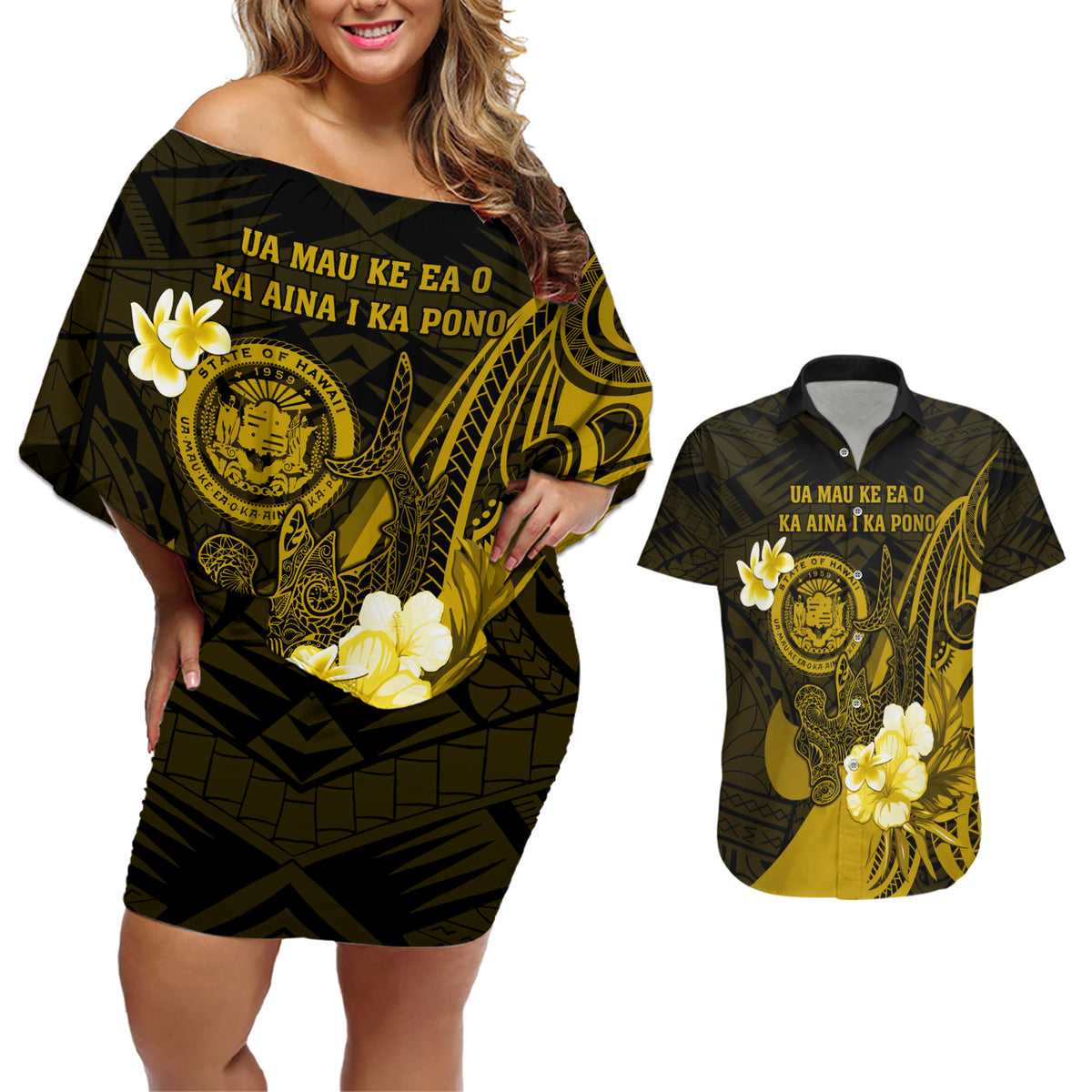 Personalised Hawaii State Motto Couples Matching Off Shoulder Short Dress and Hawaiian Shirt Hawaiian Tribal Gold Hammerhead Shark LT05 Gold - Polynesian Pride