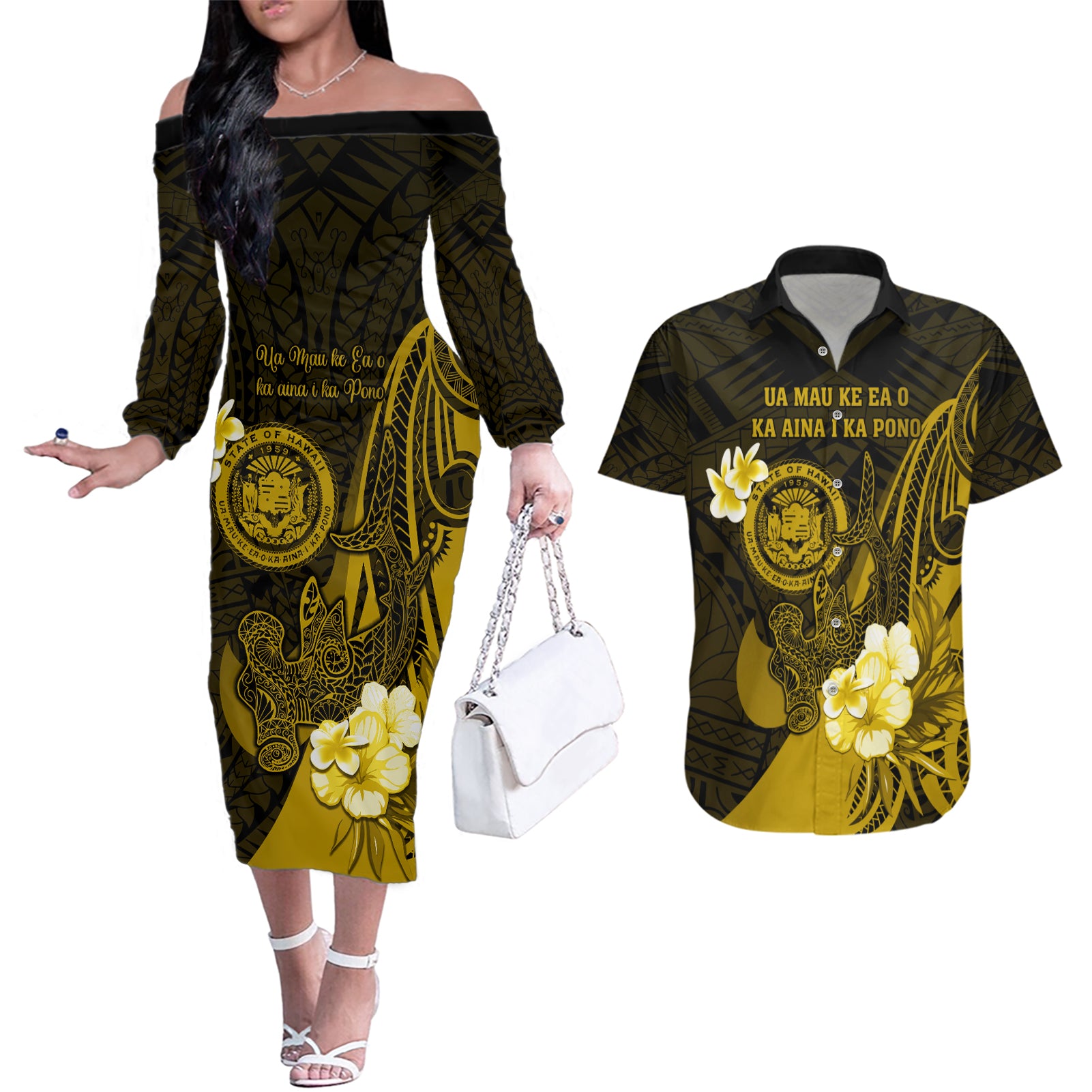 Personalised Hawaii State Motto Couples Matching Off The Shoulder Long Sleeve Dress and Hawaiian Shirt Hawaiian Tribal Gold Hammerhead Shark LT05 Gold - Polynesian Pride