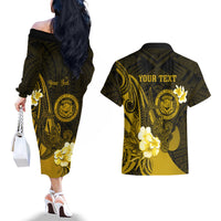 Personalised Hawaii State Motto Couples Matching Off The Shoulder Long Sleeve Dress and Hawaiian Shirt Hawaiian Tribal Gold Hammerhead Shark LT05 - Polynesian Pride