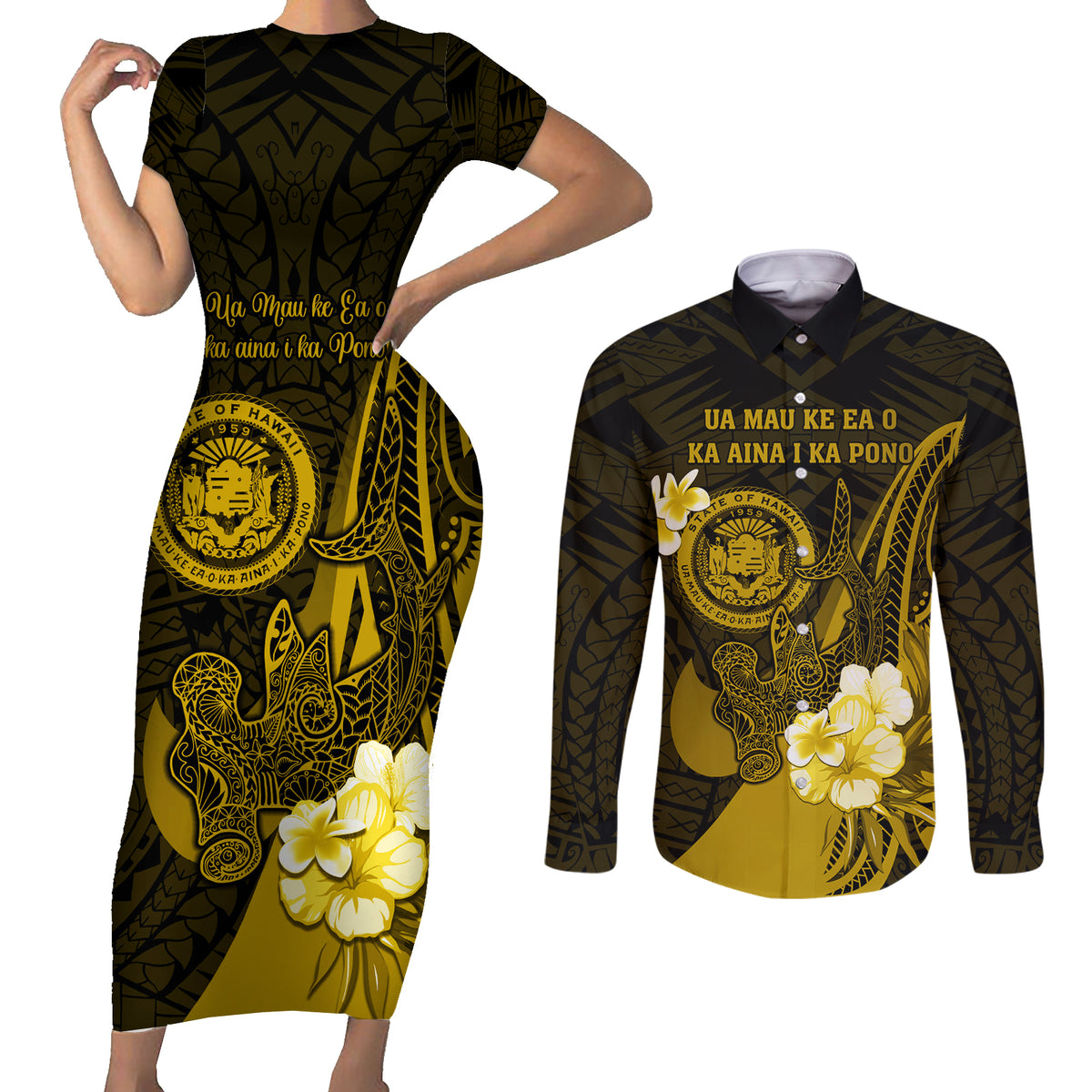 Personalised Hawaii State Motto Couples Matching Short Sleeve Bodycon Dress and Long Sleeve Button Shirt Hawaiian Tribal Gold Hammerhead Shark LT05 Gold - Polynesian Pride