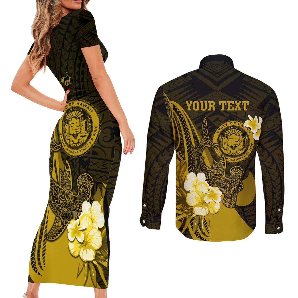 Personalised Hawaii State Motto Couples Matching Short Sleeve Bodycon Dress and Long Sleeve Button Shirt Hawaiian Tribal Gold Hammerhead Shark LT05 - Polynesian Pride