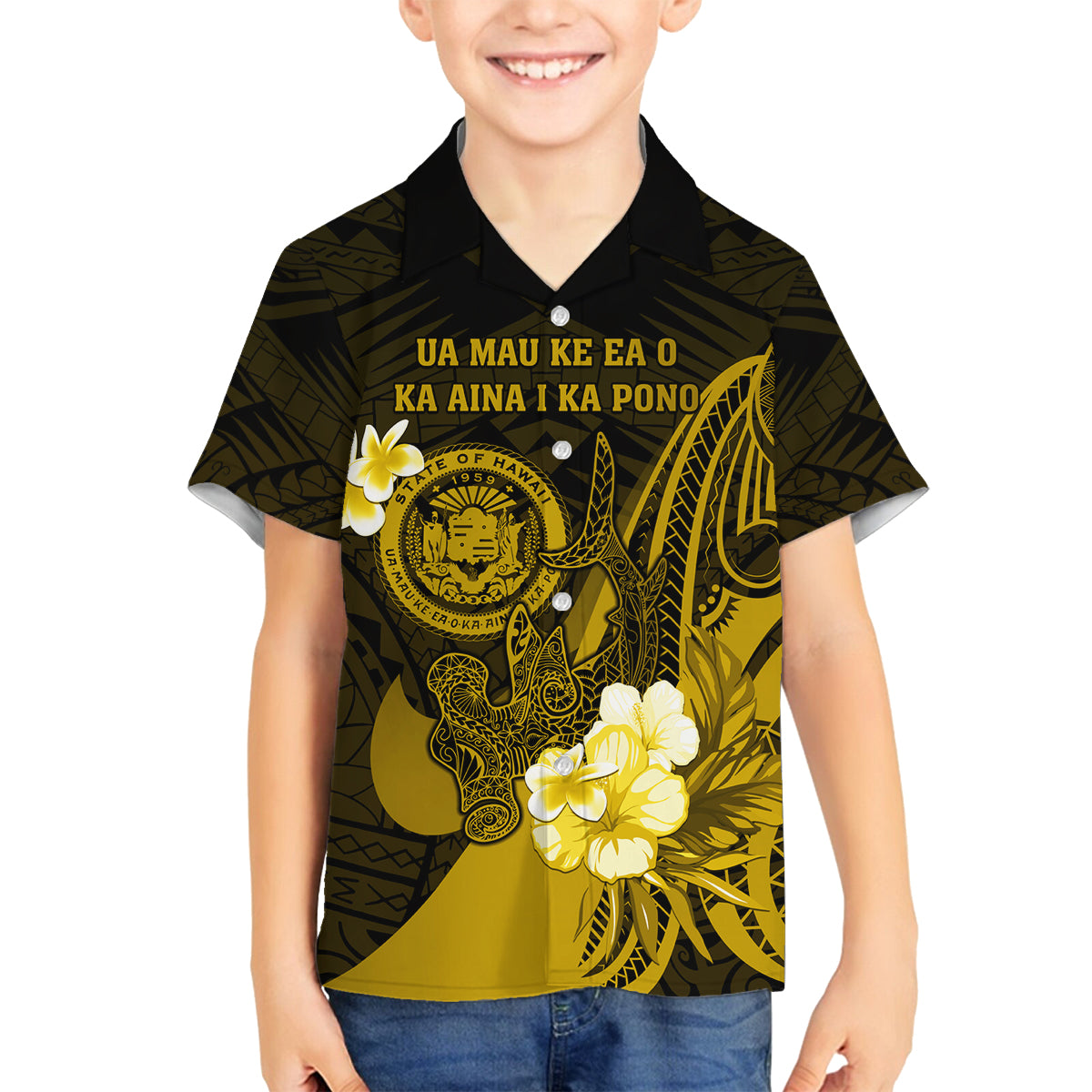 Personalised Hawaii State Motto Family Matching Off Shoulder Maxi Dress and Hawaiian Shirt Hawaiian Tribal Gold Hammerhead Shark LT05 Son's Shirt Gold - Polynesian Pride