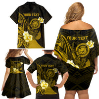 Personalised Hawaii State Motto Family Matching Off Shoulder Short Dress and Hawaiian Shirt Hawaiian Tribal Gold Hammerhead Shark LT05 - Polynesian Pride