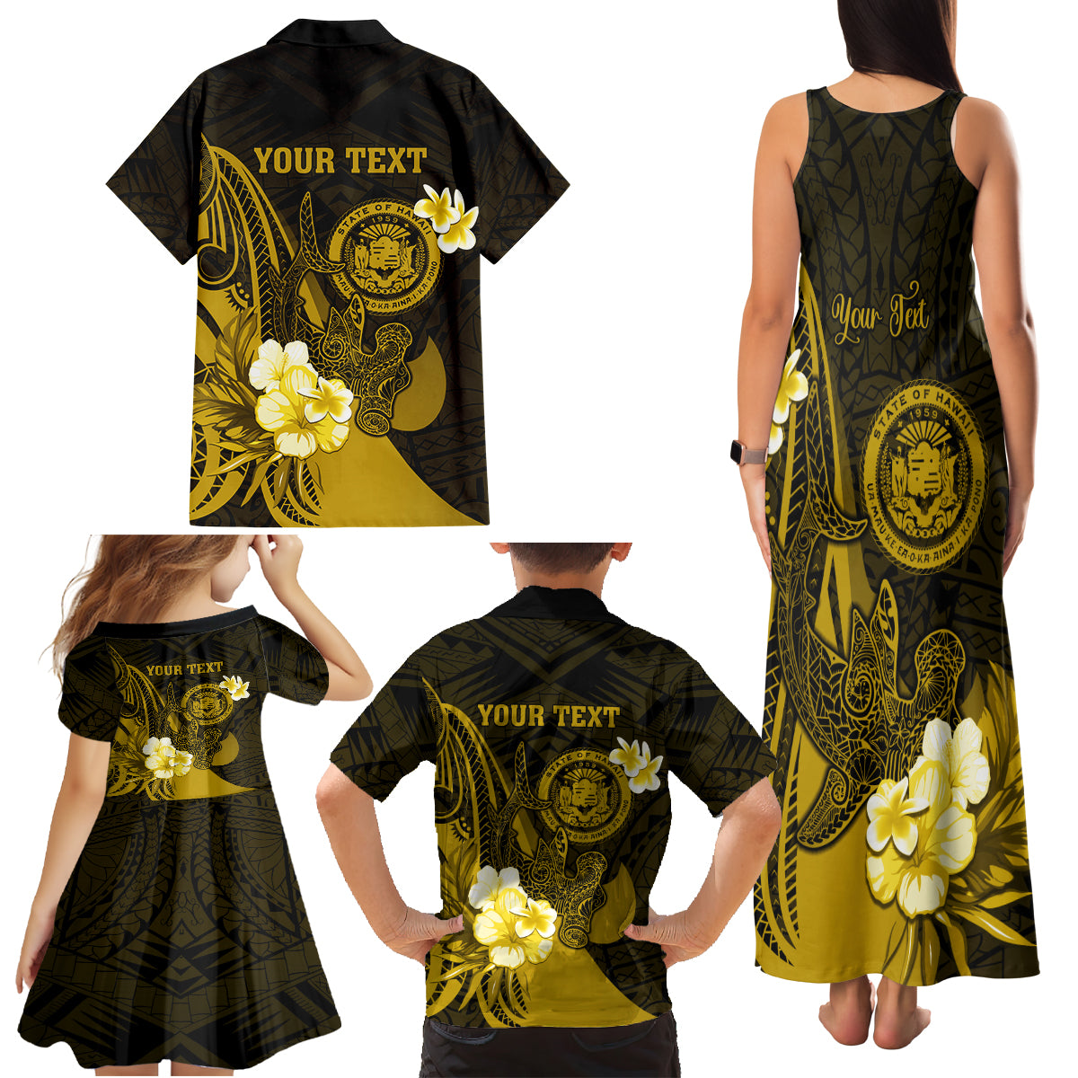 Personalised Hawaii State Motto Family Matching Tank Maxi Dress and Hawaiian Shirt Hawaiian Tribal Gold Hammerhead Shark LT05 - Polynesian Pride