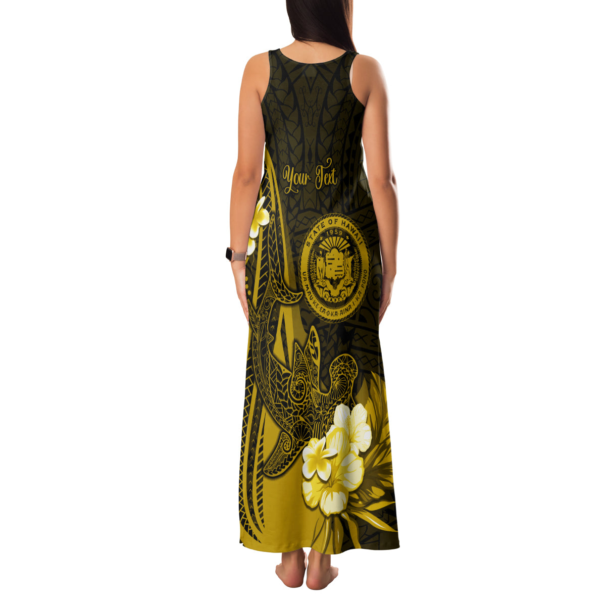 Personalised Hawaii State Motto Family Matching Tank Maxi Dress and Hawaiian Shirt Hawaiian Tribal Gold Hammerhead Shark LT05 - Polynesian Pride