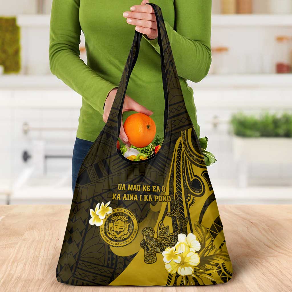 Hawaii State Motto Grocery Bag Hawaiian Tribal Gold Hammerhead Shark