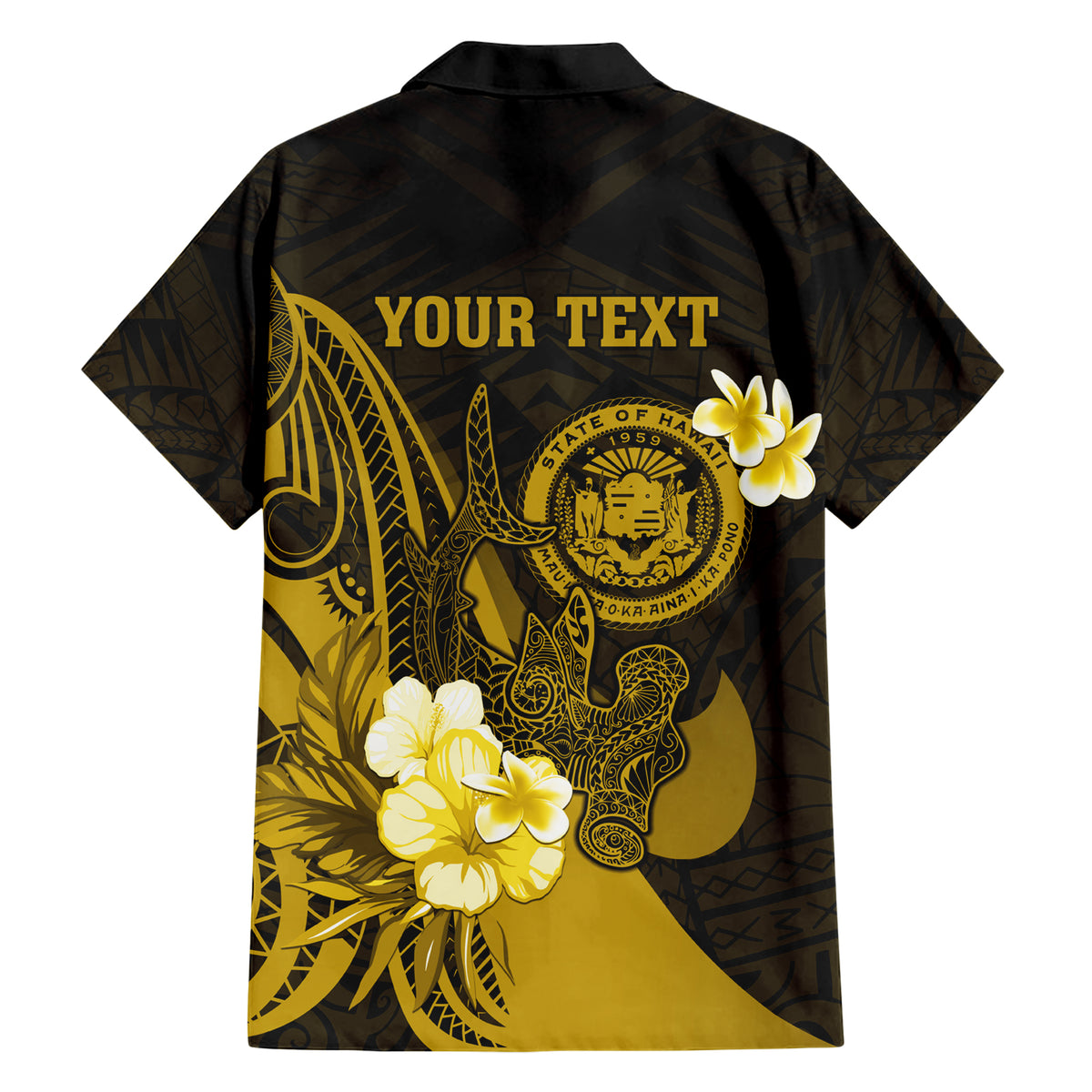 Personalised Hawaii State Motto Hawaiian Shirt Hawaiian Tribal Gold Hammerhead Shark LT05 - Polynesian Pride