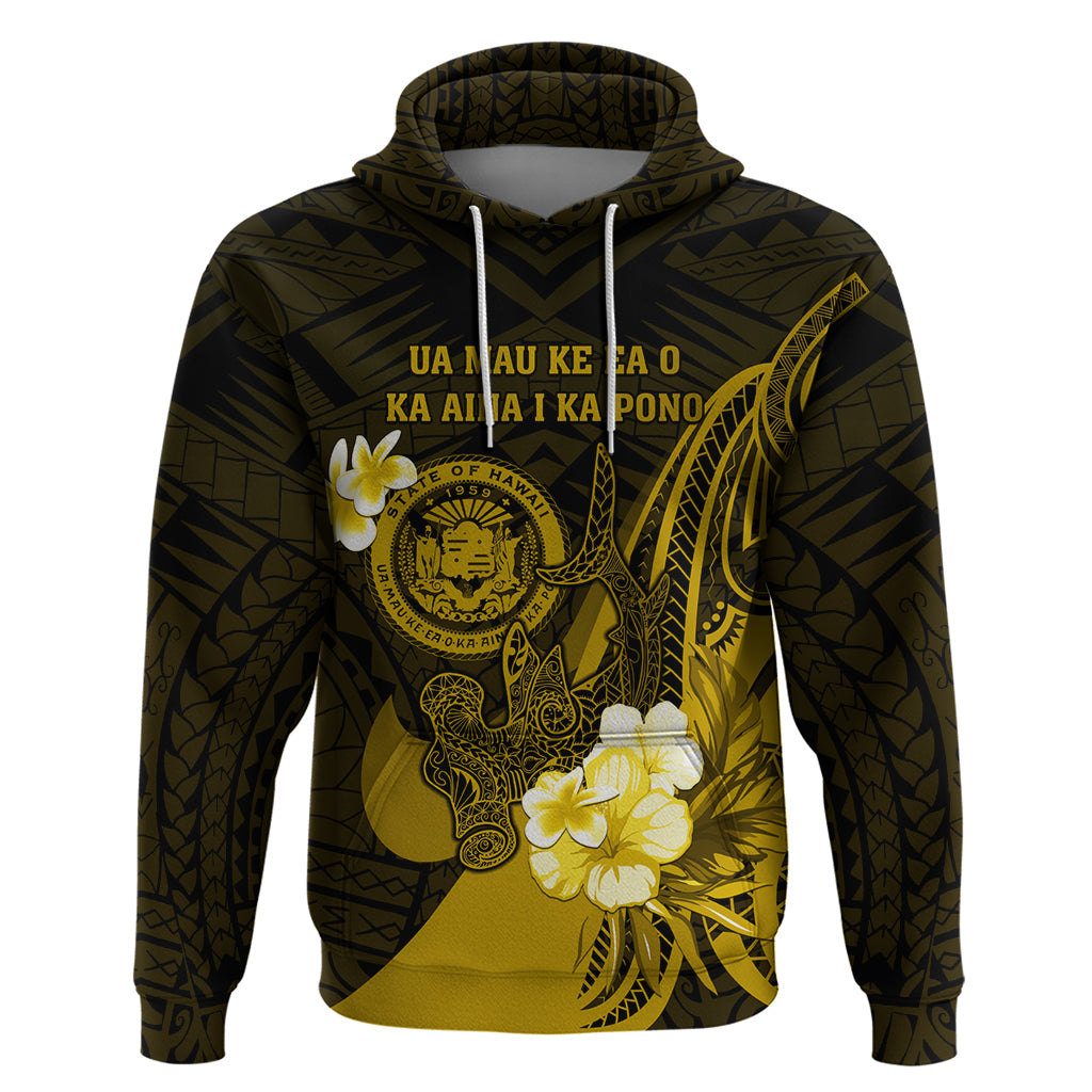 Personalised Hawaii State Motto Hoodie Hawaiian Tribal Gold Hammerhead Shark LT05 Pullover Hoodie Gold - Polynesian Pride