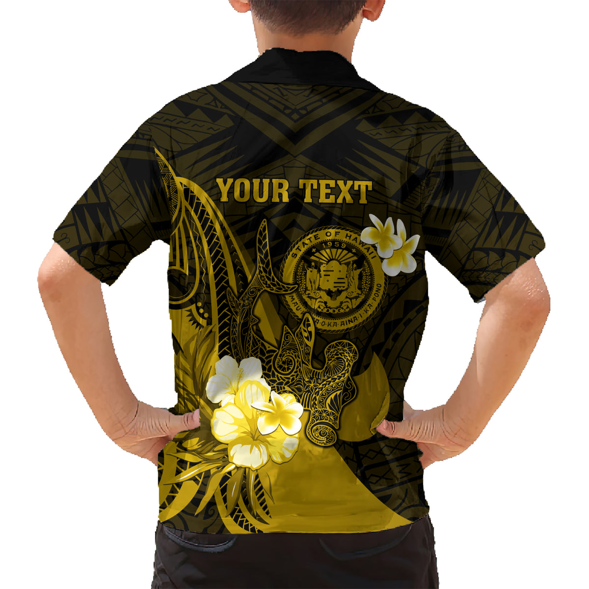 Personalised Hawaii State Motto Kid Hawaiian Shirt Hawaiian Tribal Gold Hammerhead Shark LT05 - Polynesian Pride