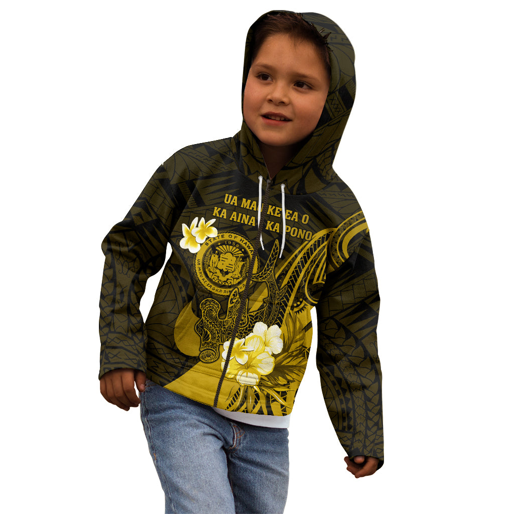Personalised Hawaii State Motto Kid Hoodie Hawaiian Tribal Gold Hammerhead Shark LT05 - Polynesian Pride