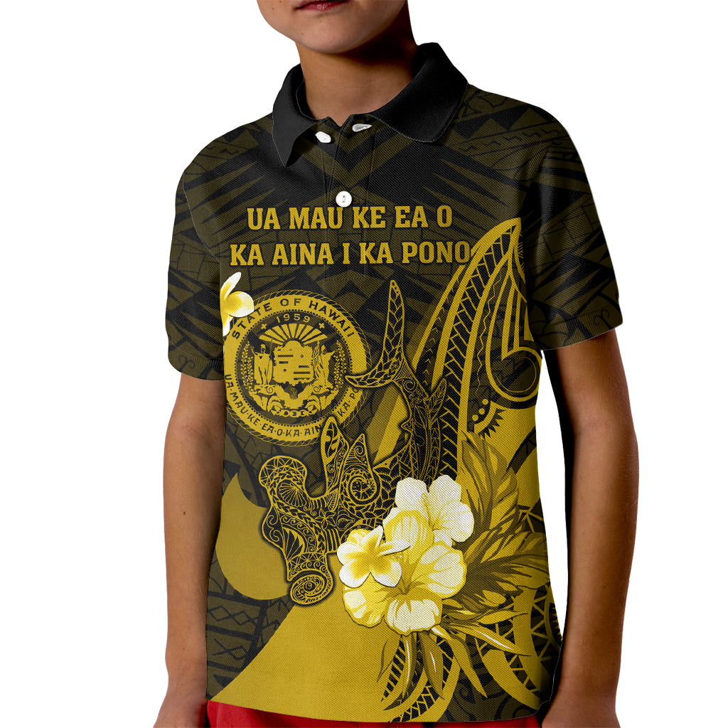 Personalised Hawaii State Motto Kid Polo Shirt Hawaiian Tribal Gold Hammerhead Shark LT05 Kid Gold - Polynesian Pride