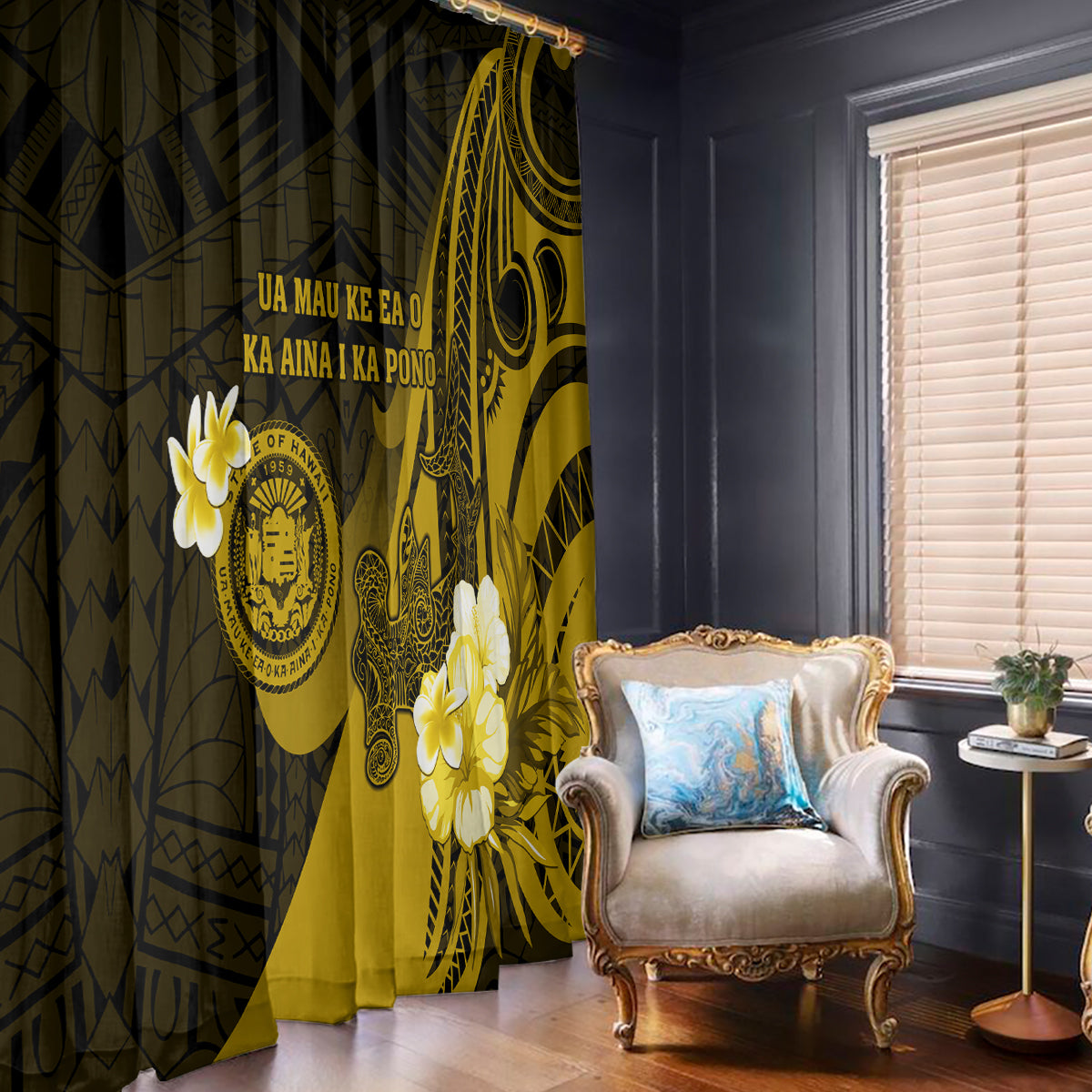 Hawaii State Motto Window Curtain Hawaiian Tribal Gold Hammerhead Shark LT05 - Polynesian Pride