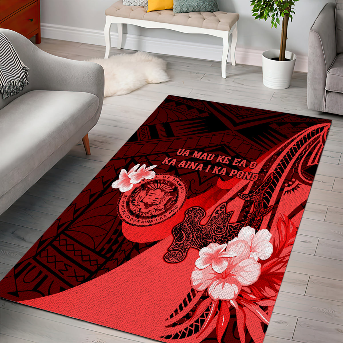 Hawaii State Motto Area Rug Hawaiian Tribal Red Hammerhead Shark LT05 - Polynesian Pride