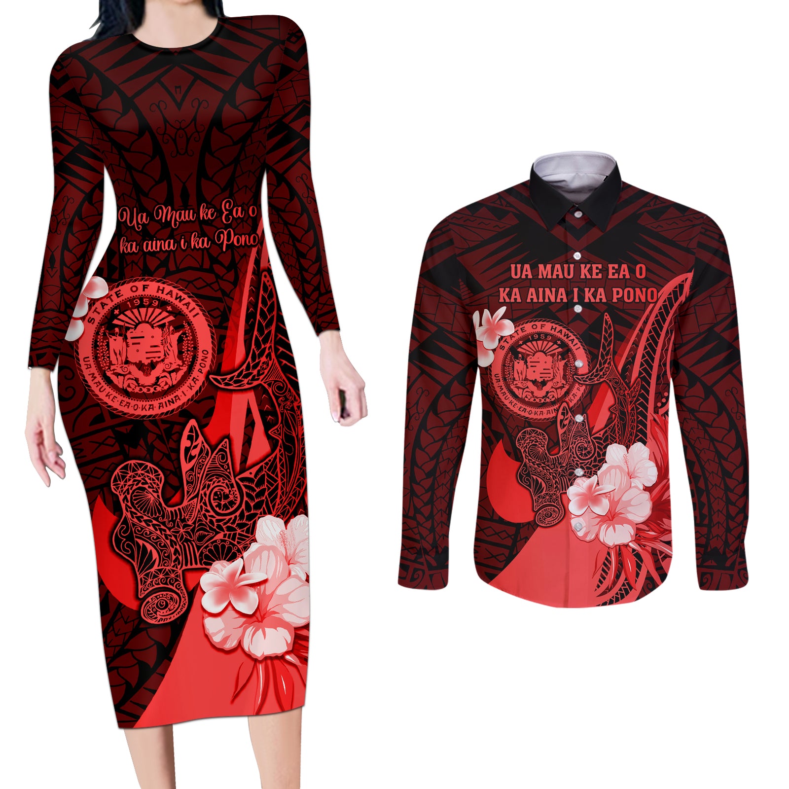 Personalised Hawaii State Motto Couples Matching Long Sleeve Bodycon Dress and Long Sleeve Button Shirt Hawaiian Tribal Red Hammerhead Shark LT05 Red - Polynesian Pride