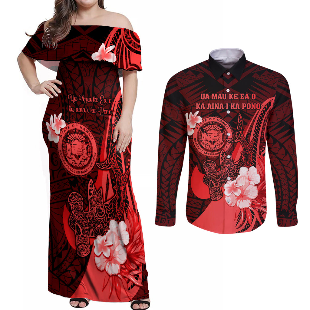 Personalised Hawaii State Motto Couples Matching Off Shoulder Maxi Dress and Long Sleeve Button Shirt Hawaiian Tribal Red Hammerhead Shark LT05 Red - Polynesian Pride