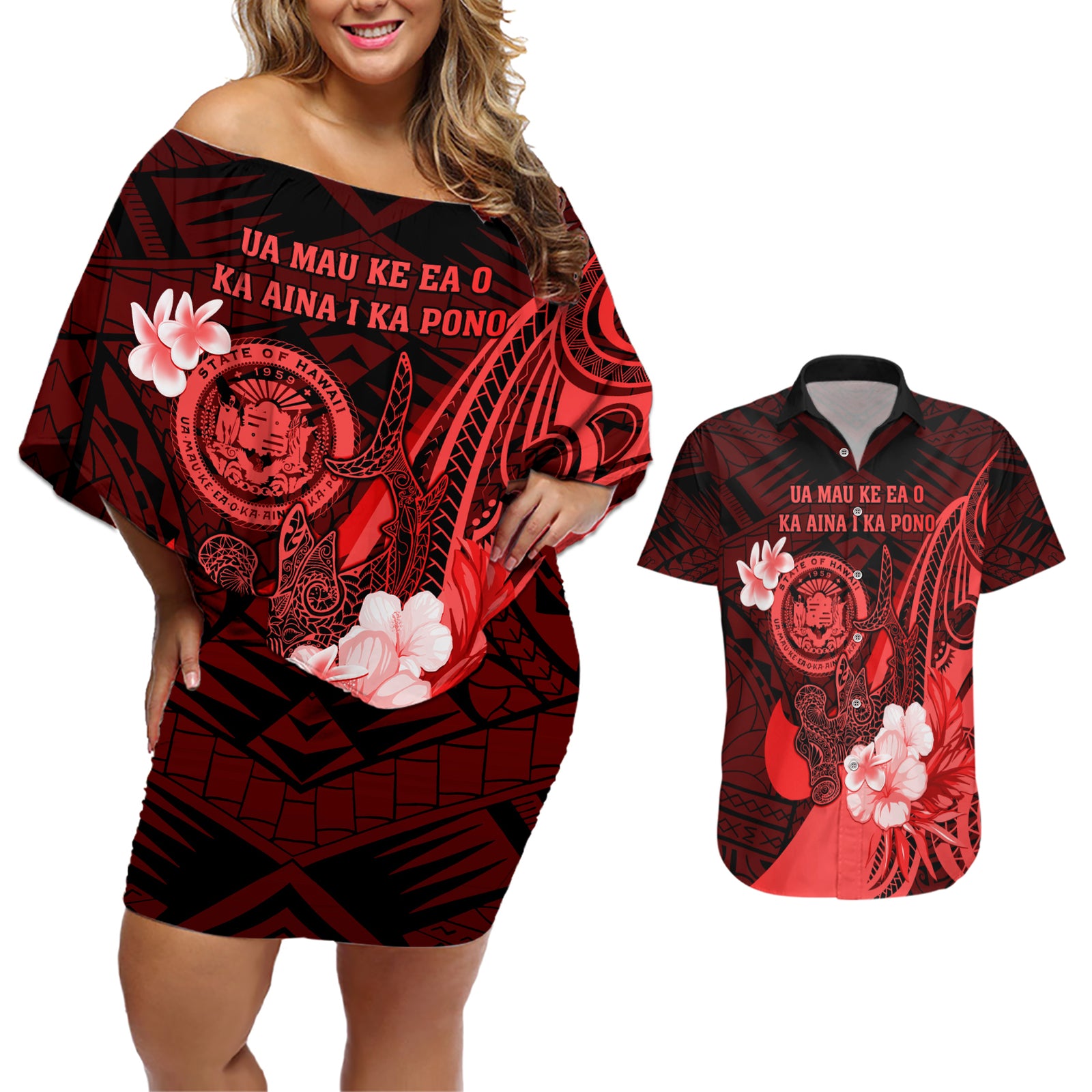 Personalised Hawaii State Motto Couples Matching Off Shoulder Short Dress and Hawaiian Shirt Hawaiian Tribal Red Hammerhead Shark LT05 Red - Polynesian Pride