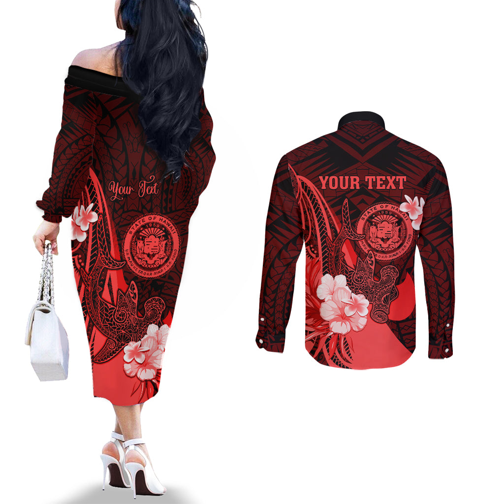 Personalised Hawaii State Motto Couples Matching Off The Shoulder Long Sleeve Dress and Long Sleeve Button Shirt Hawaiian Tribal Red Hammerhead Shark LT05 - Polynesian Pride