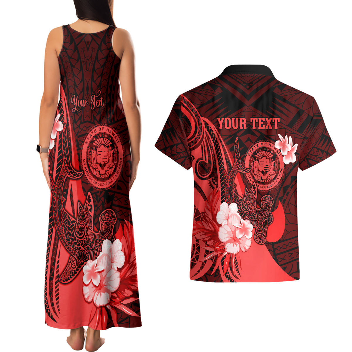 Personalised Hawaii State Motto Couples Matching Tank Maxi Dress and Hawaiian Shirt Hawaiian Tribal Red Hammerhead Shark LT05 - Polynesian Pride