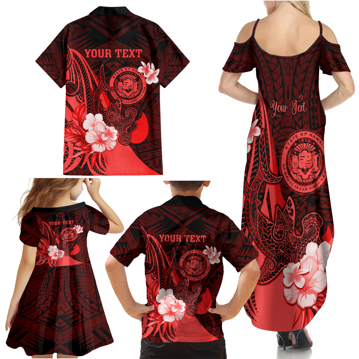 Personalised Hawaii State Motto Family Matching Summer Maxi Dress and Hawaiian Shirt Hawaiian Tribal Red Hammerhead Shark LT05 - Polynesian Pride