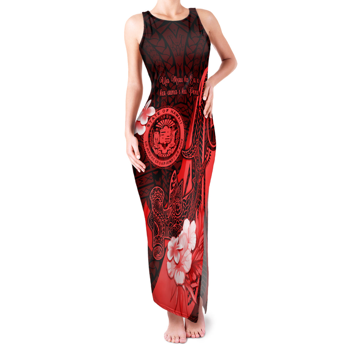 Personalised Hawaii State Motto Family Matching Tank Maxi Dress and Hawaiian Shirt Hawaiian Tribal Red Hammerhead Shark LT05 Mom's Dress Red - Polynesian Pride