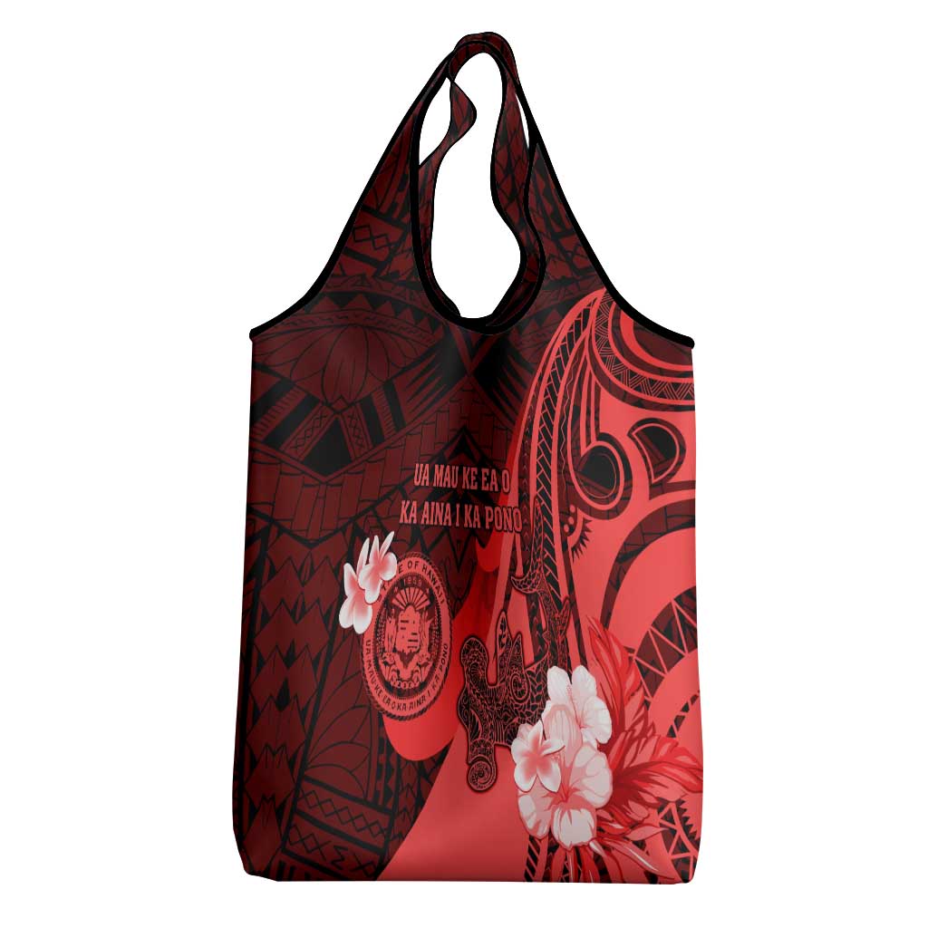 Hawaii State Motto Grocery Bag Hawaiian Tribal Red Hammerhead Shark