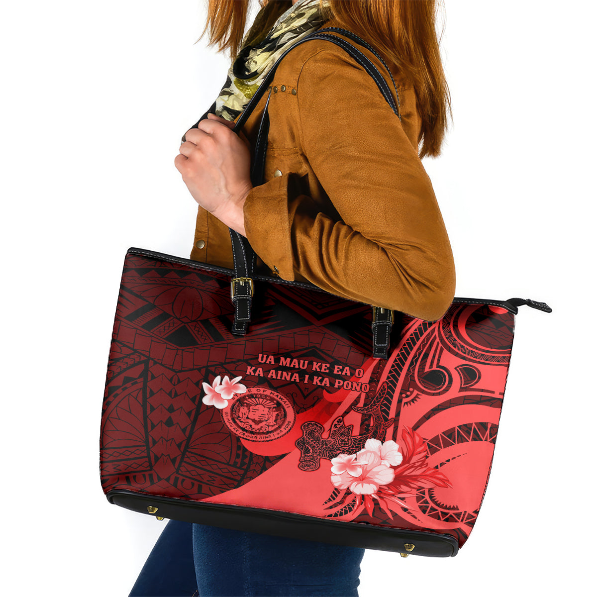 Hawaii State Motto Leather Tote Bag Hawaiian Tribal Red Hammerhead Shark LT05 Red - Polynesian Pride