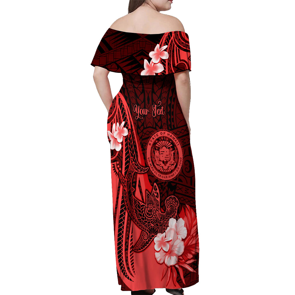 Personalised Hawaii State Motto Off Shoulder Maxi Dress Hawaiian Tribal Red Hammerhead Shark LT05 - Polynesian Pride
