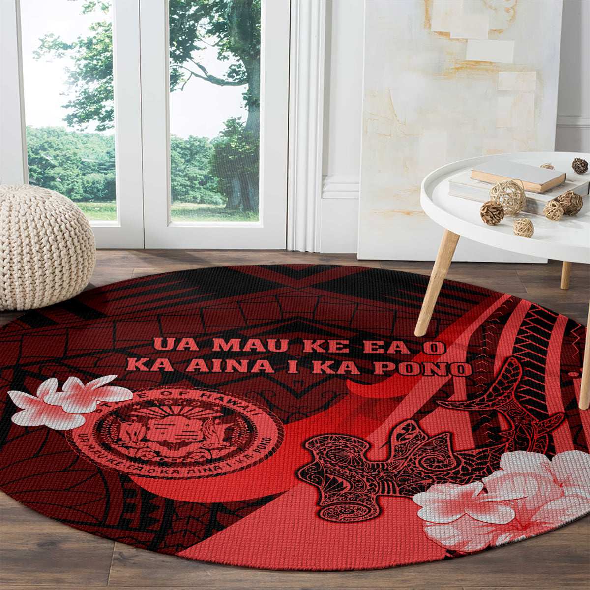 Hawaii State Motto Round Carpet Hawaiian Tribal Red Hammerhead Shark LT05 - Polynesian Pride