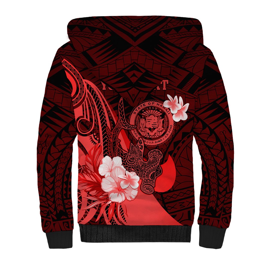Personalised Hawaii State Motto Sherpa Hoodie Hawaiian Tribal Red Hammerhead Shark LT05 - Polynesian Pride