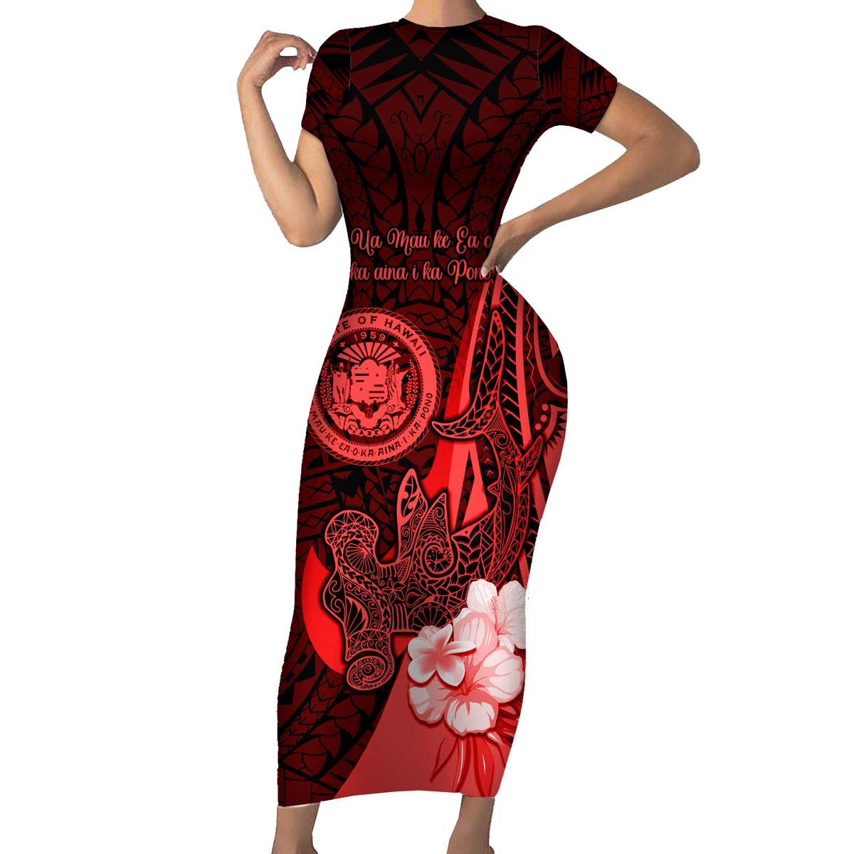 Personalised Hawaii State Motto Short Sleeve Bodycon Dress Hawaiian Tribal Red Hammerhead Shark LT05 Long Dress Red - Polynesian Pride