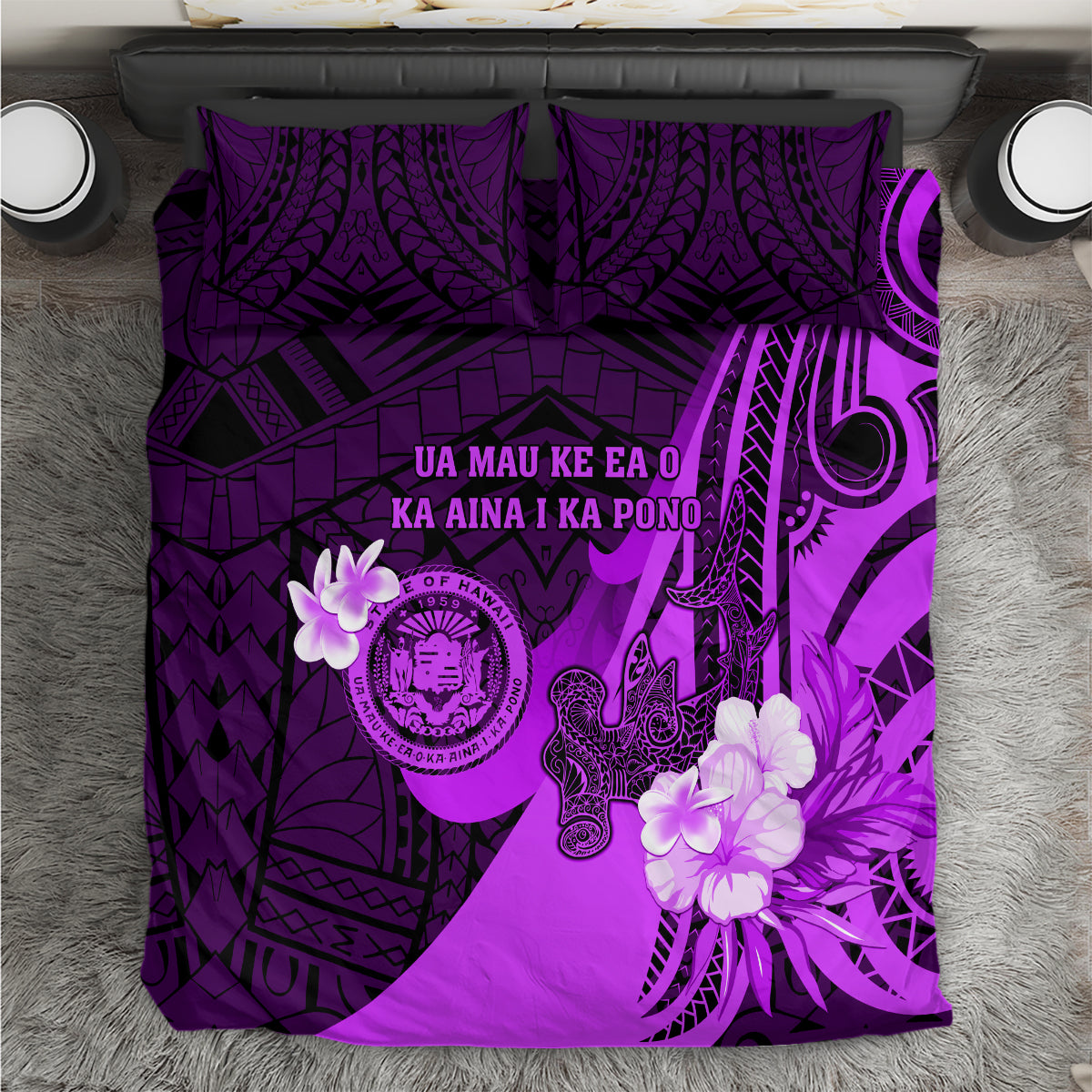 Hawaii State Motto Bedding Set Hawaiian Tribal Purple Hammerhead Shark LT05 Purple - Polynesian Pride