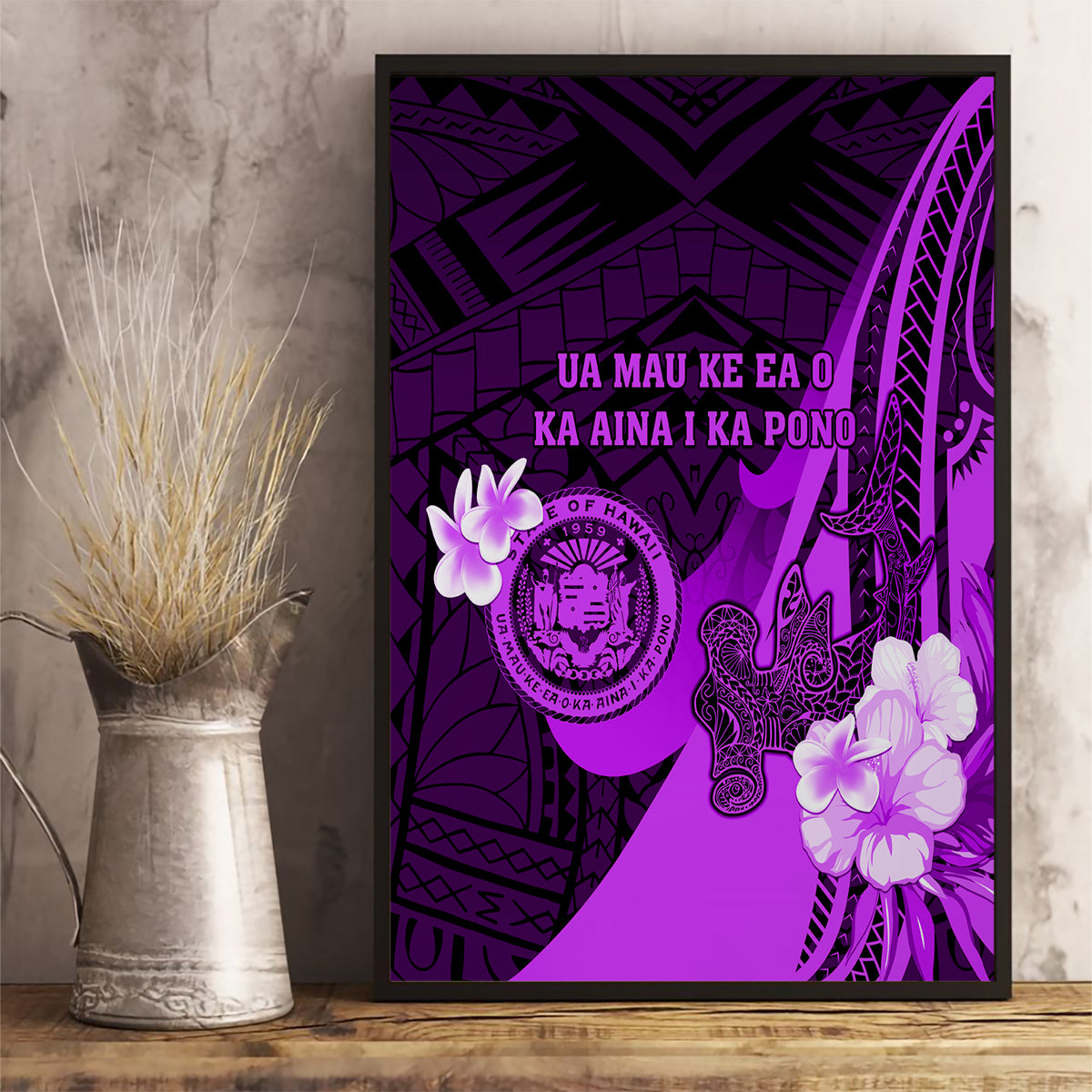 Hawaii State Motto Canvas Wall Art Hawaiian Tribal Purple Hammerhead Shark LT05 - Polynesian Pride