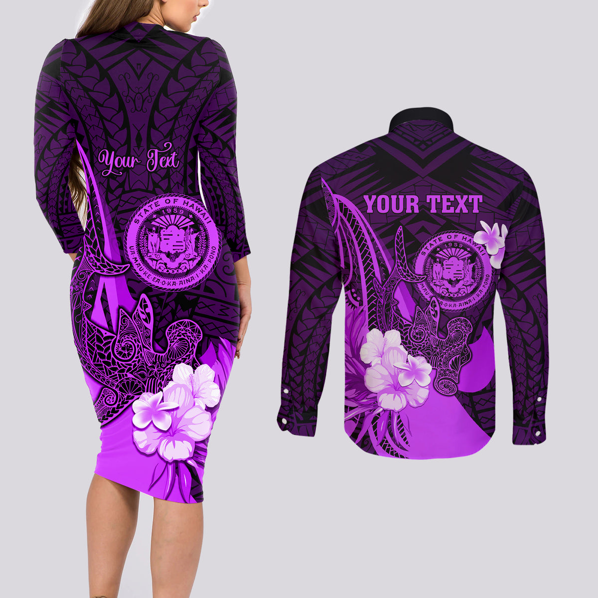 Personalised Hawaii State Motto Couples Matching Long Sleeve Bodycon Dress and Long Sleeve Button Shirt Hawaiian Tribal Purple Hammerhead Shark LT05 - Polynesian Pride